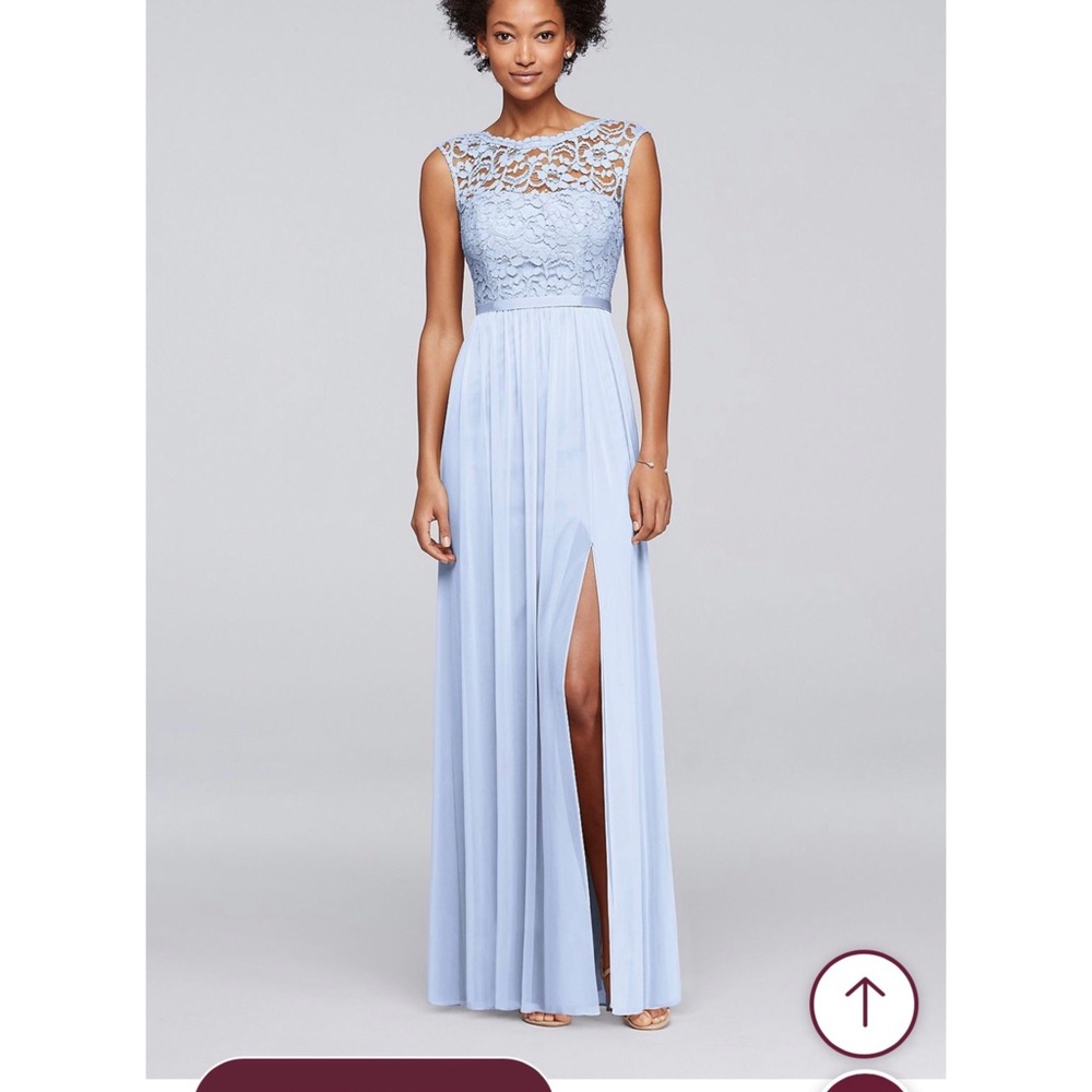 Long bridesmaid dress with lace bodice, ice blue